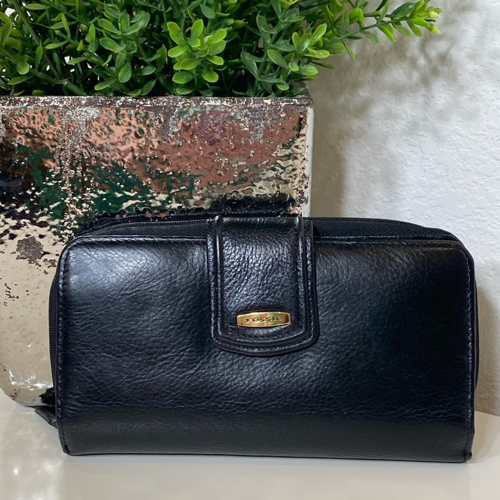 Fossil Continental Bilfold Expandable Leather Wallet Black and Gold